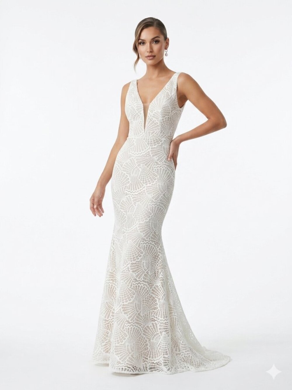 VOW'D Mermaid Lace V Neck Wedding Dress XS White